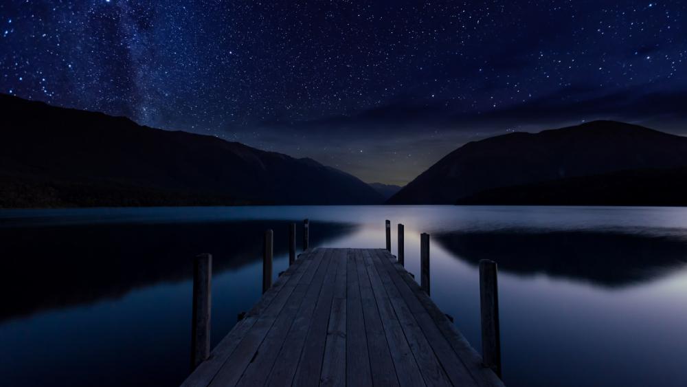 Long pier above a lake at night wallpaper