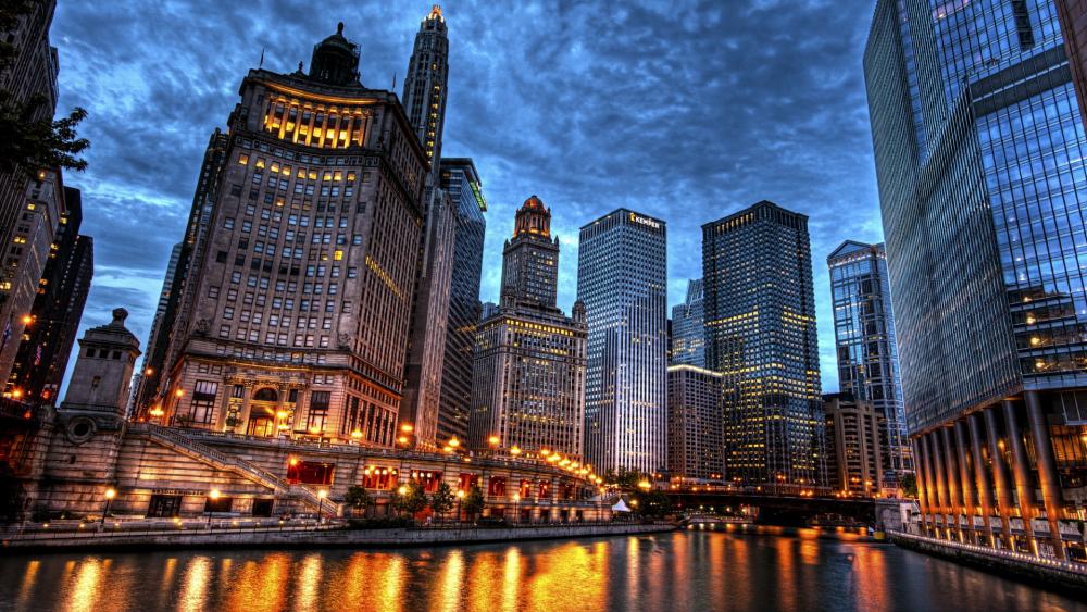 Skyscrapers along the Chicago River wallpaper