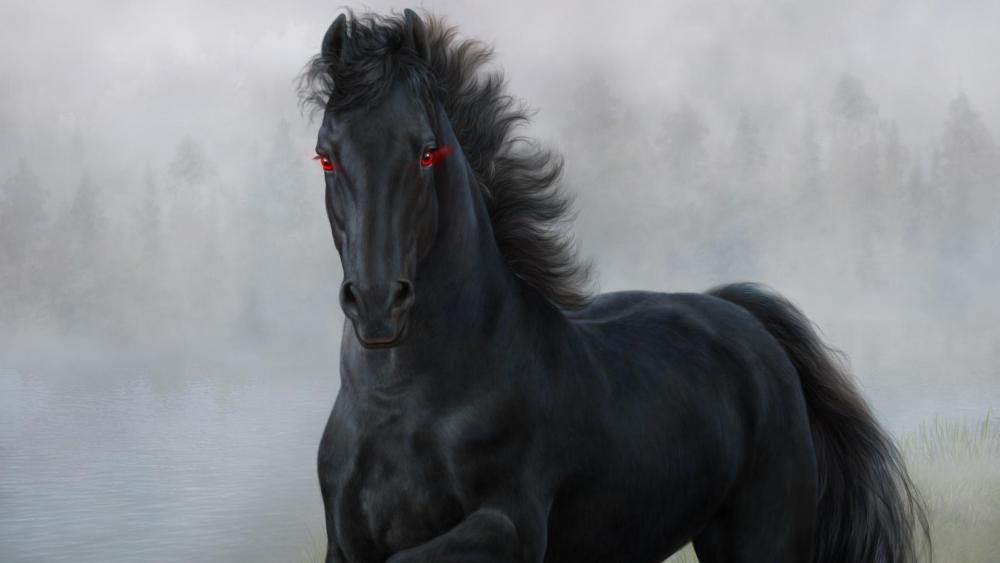 Black horse with red eyes wallpaper