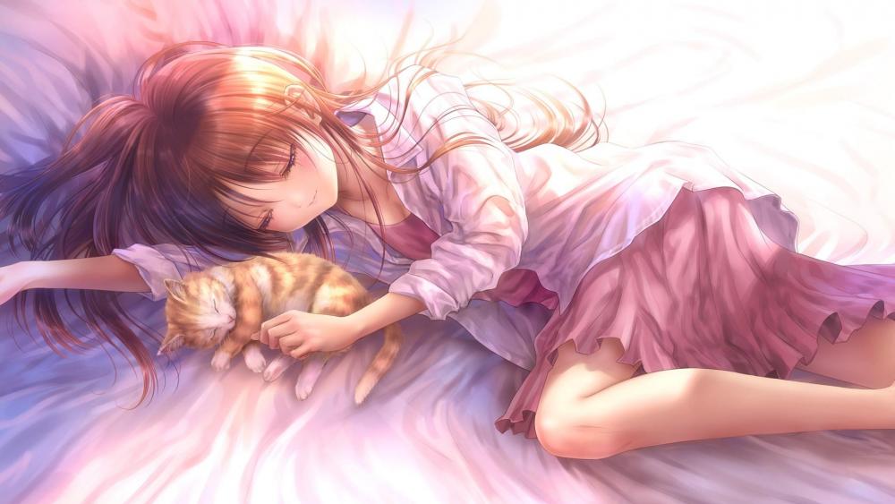 Serene Slumber with a Feline Friend wallpaper