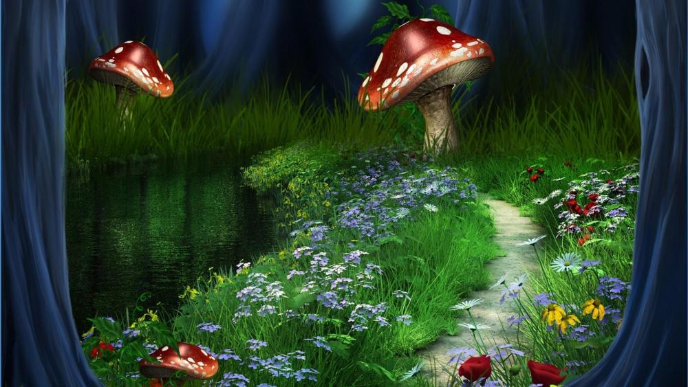 Huge mushrooms on the flower field  - Fantasy art wallpaper