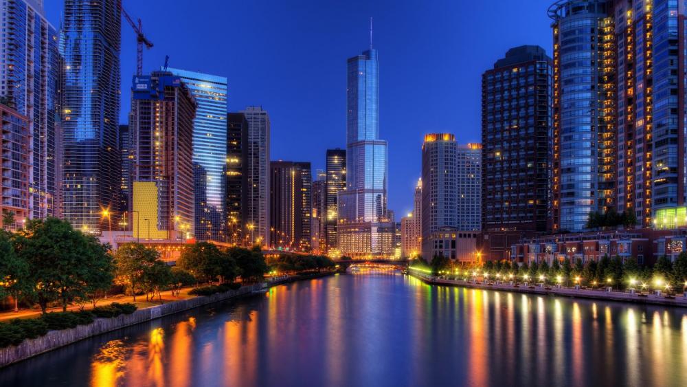 Chicago cityscape with the Chicago River at dusk wallpaper