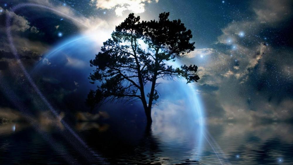 Blue planet and a lone tree - Fantasy art wallpaper