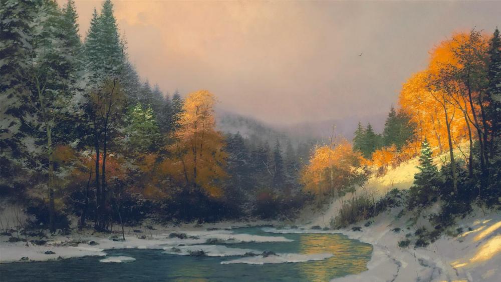 Winter landscape painting artwork wallpaper