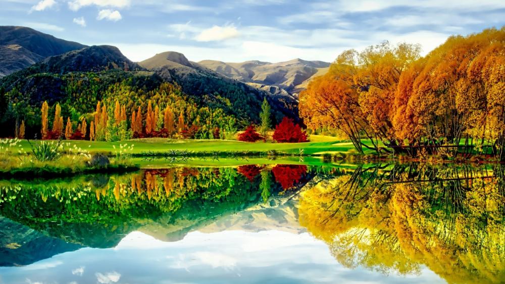 Incredible autumn reflection - Golf course in New Zealand wallpaper