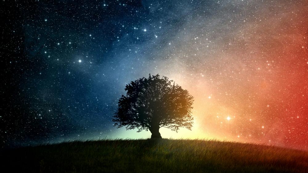 Lone tree under the starry sky wallpaper