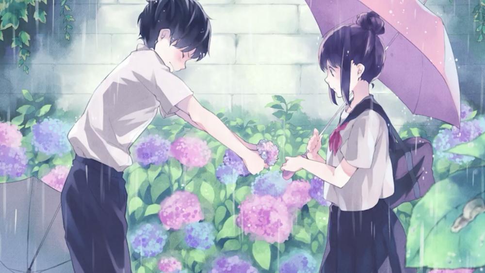 Anime boy giving flowers to girl wallpaper