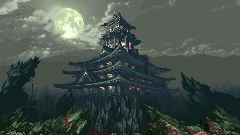 Japanese pagoda under the full moon - Retro pixel art wallpaper