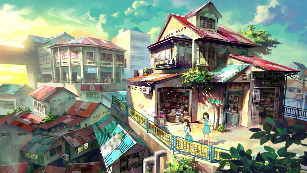 Quaint Anime Village at Sunset wallpaper