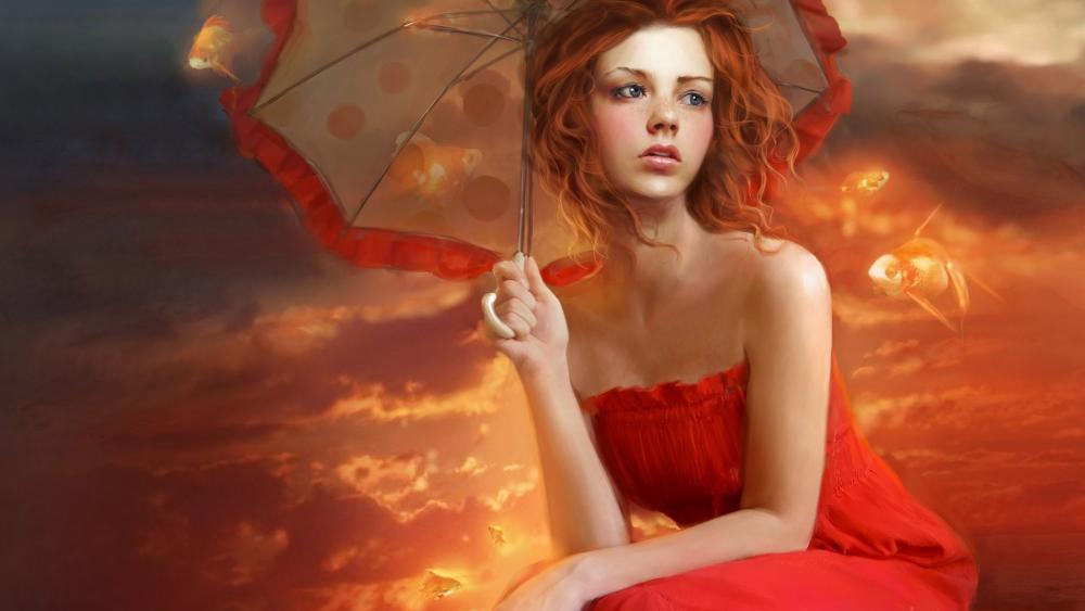Red dresse girl - Fantasy art wallpaper