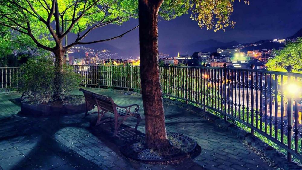 Lone bench over the lights of the city wallpaper