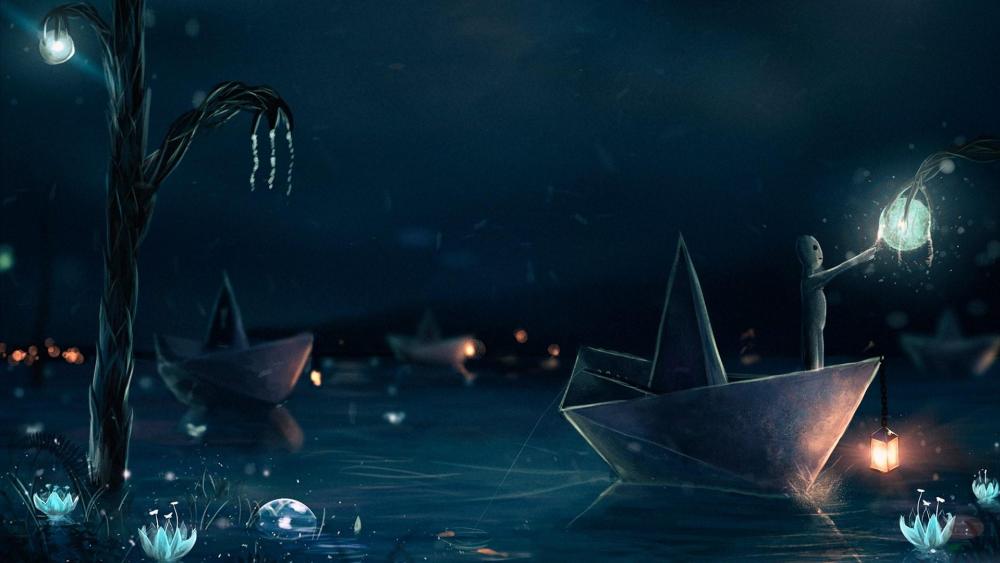 Fairytale paper boat at night wallpaper