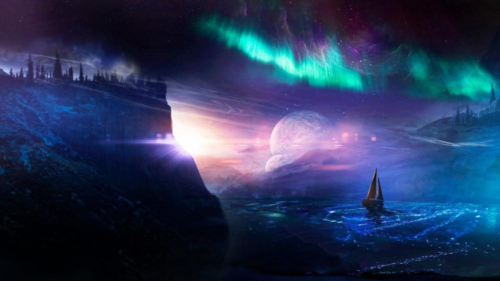 Sailboat under the Aurora Borealis - Fantasy art wallpaper