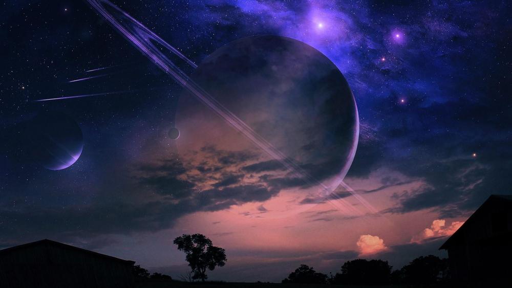 Fantasy night sky with planets wallpaper