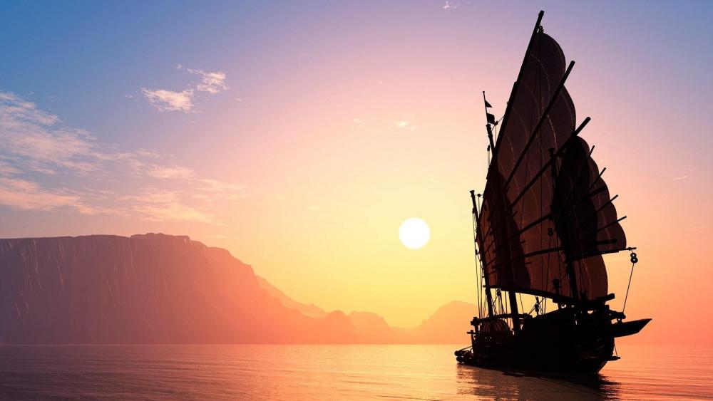 Ship sailing toward the sun wallpaper