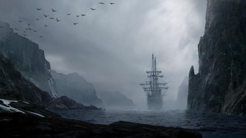 Foggy landscape with a ship wallpaper