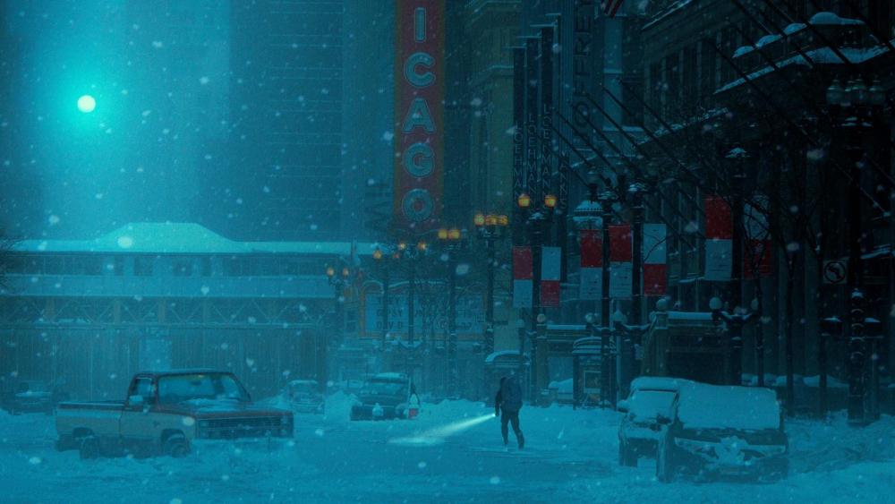 Night snowfall in the city - Digital art wallpaper