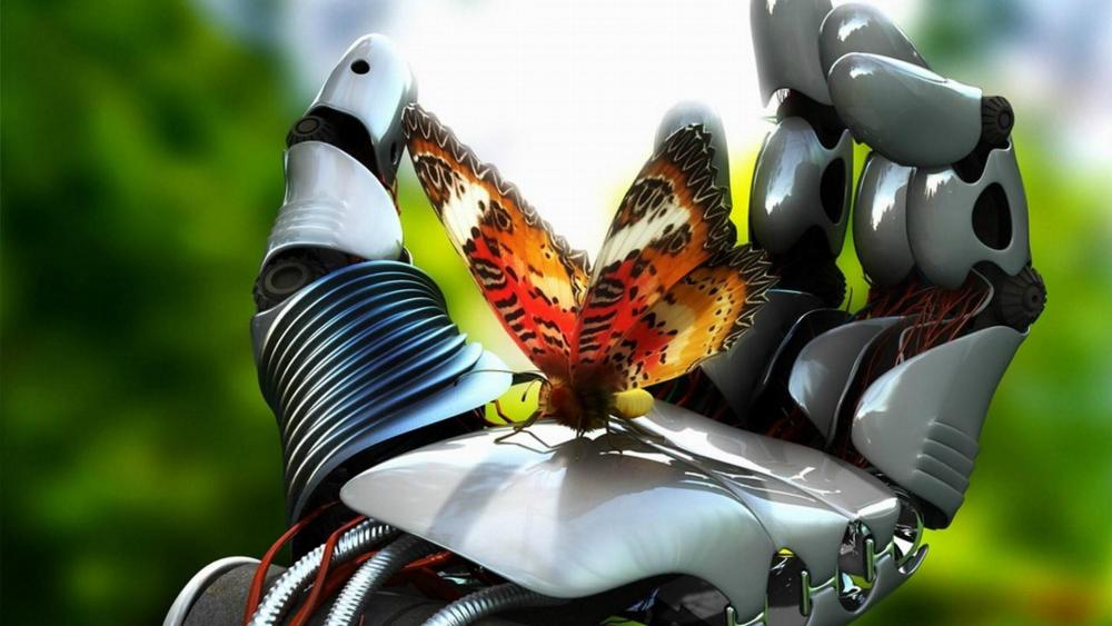 Butterfly on a robot hand wallpaper