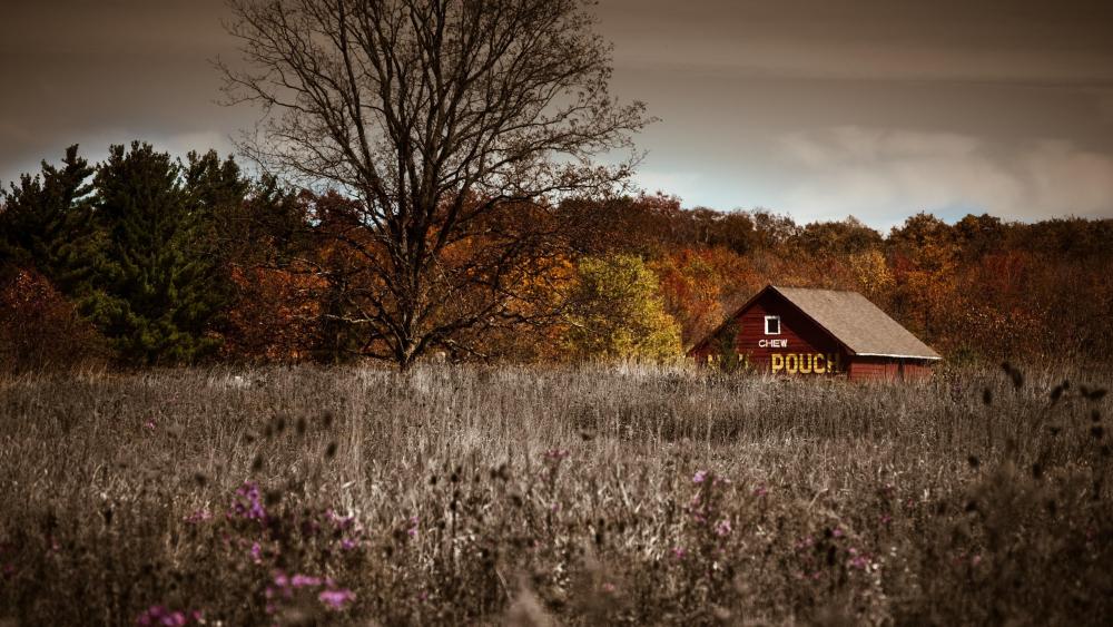 Autumn field with a barn wallpaper