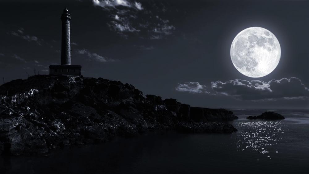 Lighthouse in the full moon wallpaper