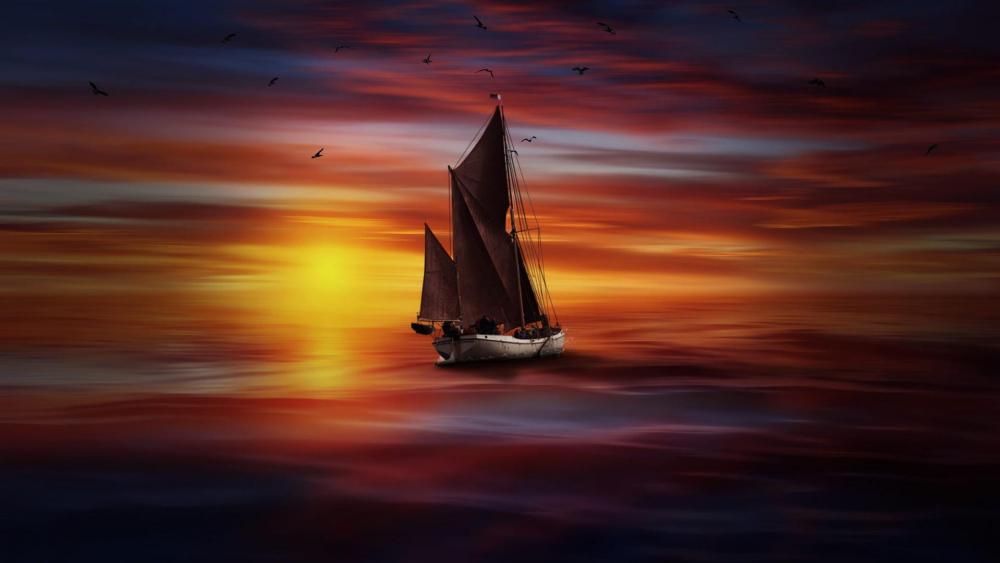 Sailboat in the sunset - Digital art wallpaper