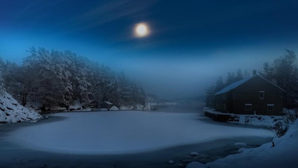 Frozen lake in the moonlight wallpaper