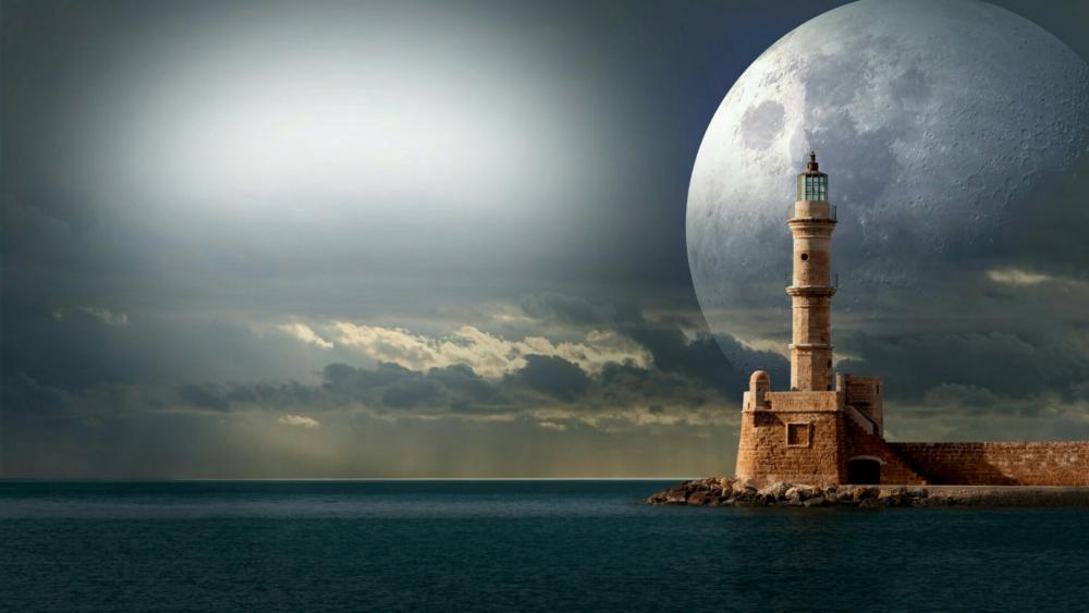 Supermoon behind the lighthouse - Fantasy art wallpaper