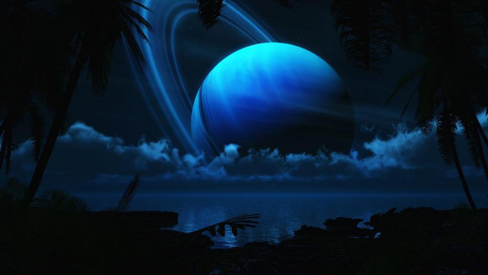 Blue planet over the sea - Fantasy art wallpaper