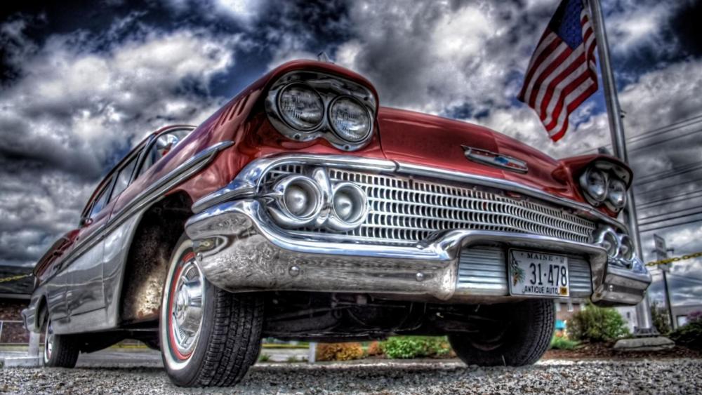 Old Cadillac car and the USA flag wallpaper