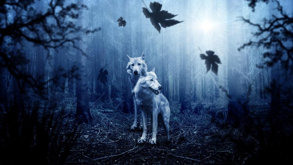 White wolves in the dark forest wallpaper