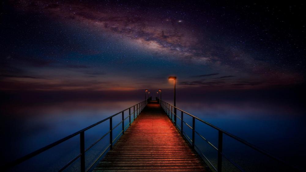 Long pier under the Milky Way wallpaper