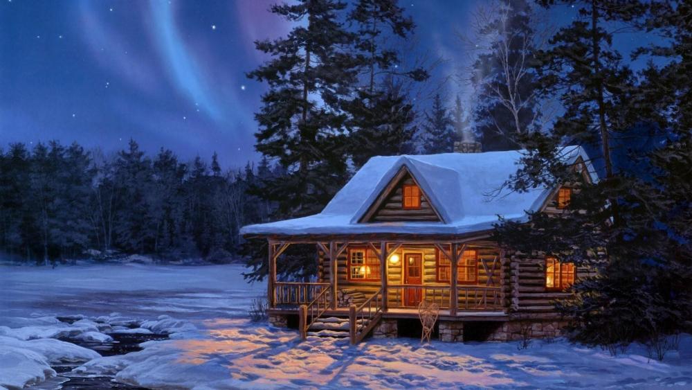 Polar lights over the log cabin wallpaper