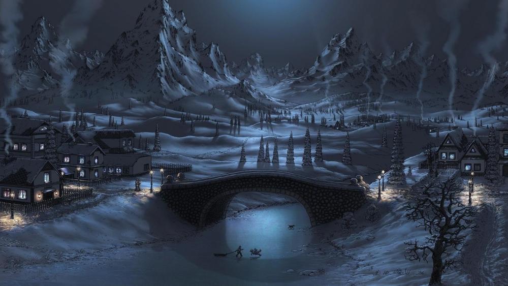 Winter night in the village wallpaper