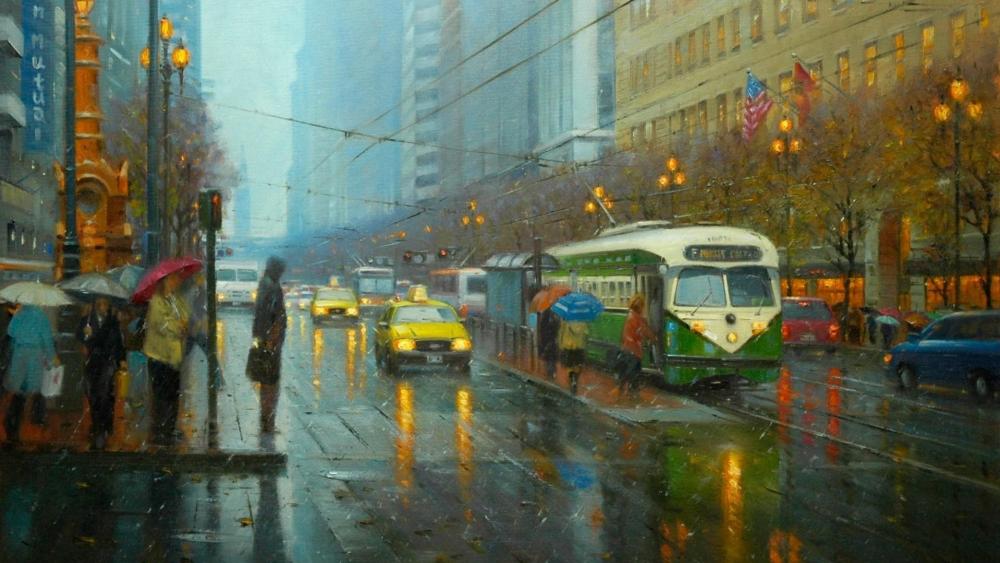 Rain in the city - Painting art wallpaper