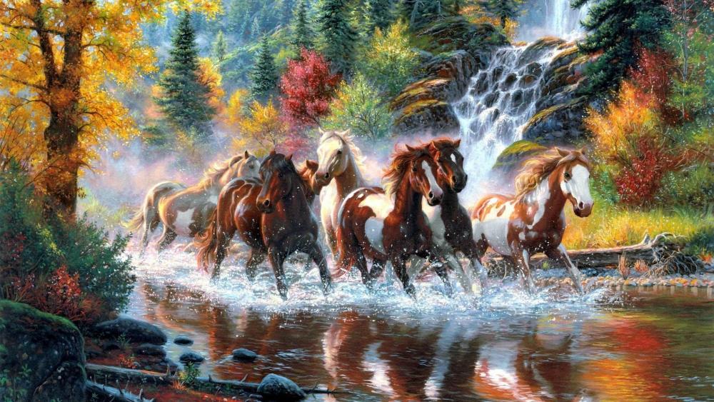 Horses in the river - Painting art wallpaper
