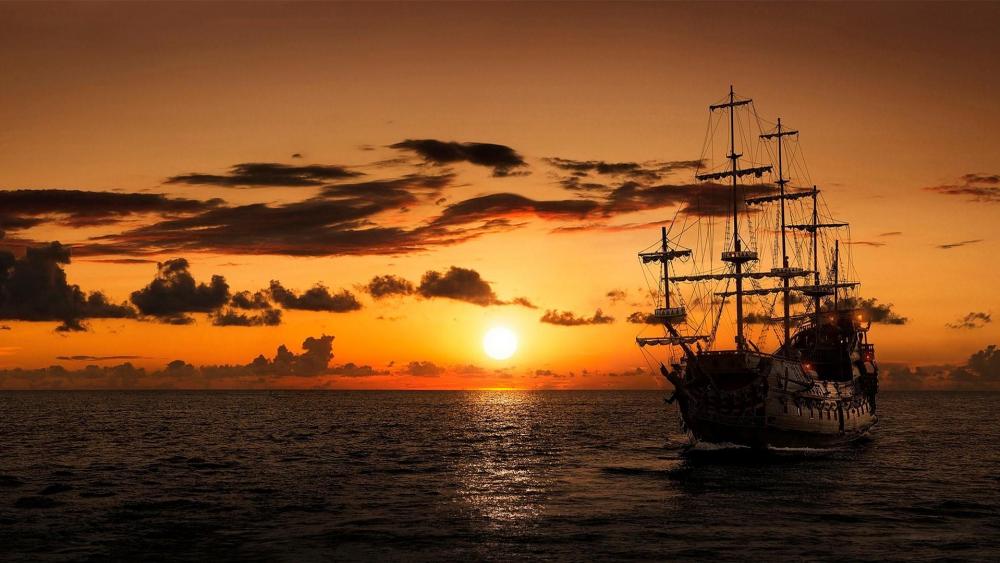 Pirate ship in the sunset wallpaper