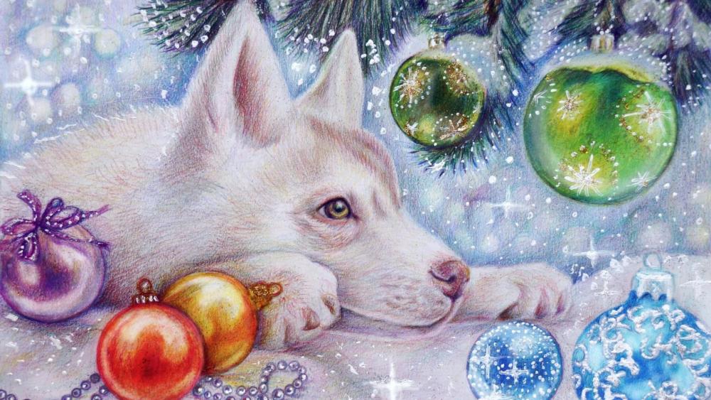 Husky with christmas decoration wallpaper