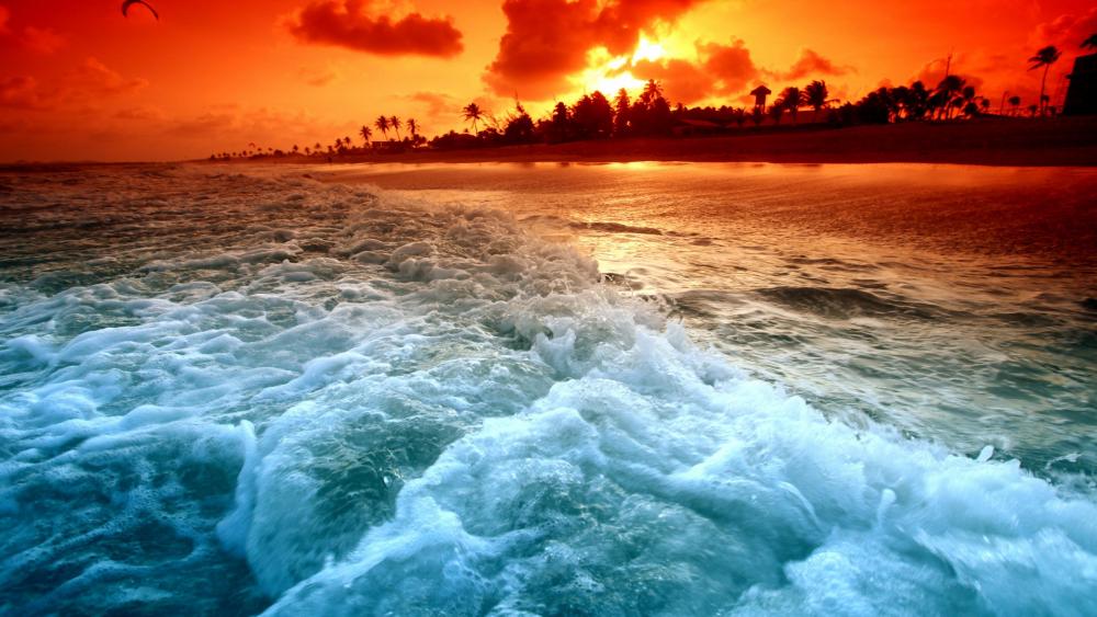 Foamy waves in the sunset wallpaper