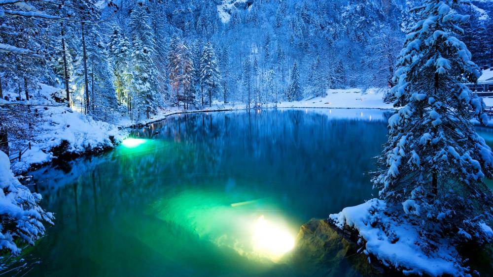 Romntic forest lake in winter - Blausee, Switzerland wallpaper