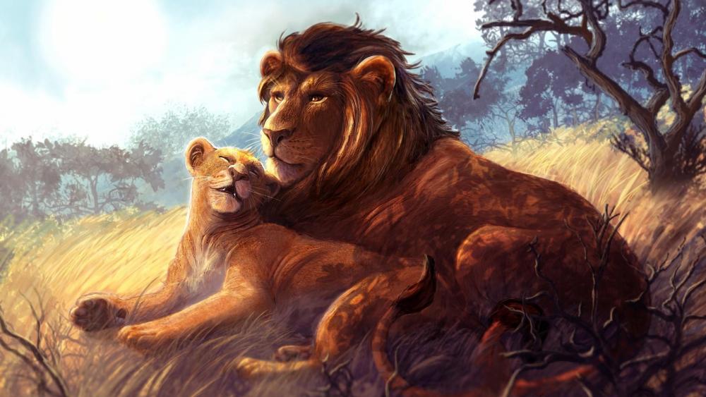 Lion couple - Painting art wallpaper