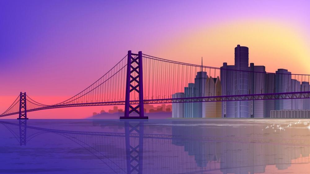 Cityscape in the purple sunset - Digital art wallpaper