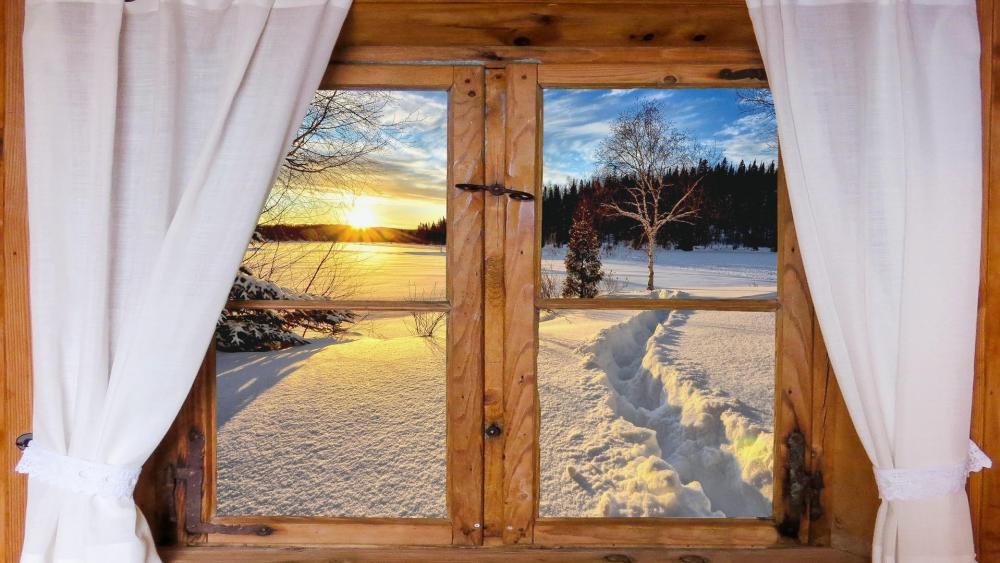 Winter view from the log cabin window wallpaper
