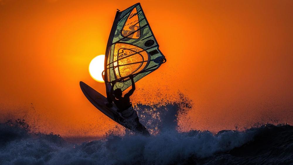 Windsurfing in the sunset wallpaper