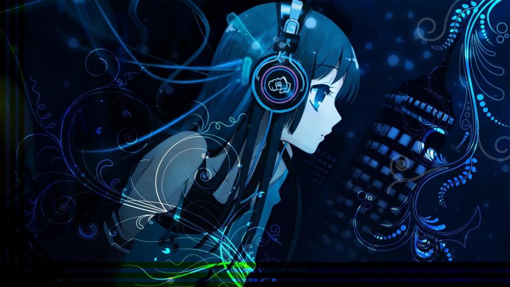 Anime girl wearing headphones wallpaper