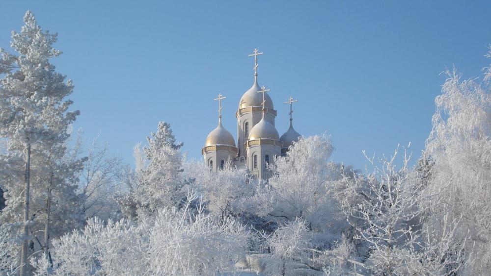 Winter with white trees and a church wallpaper