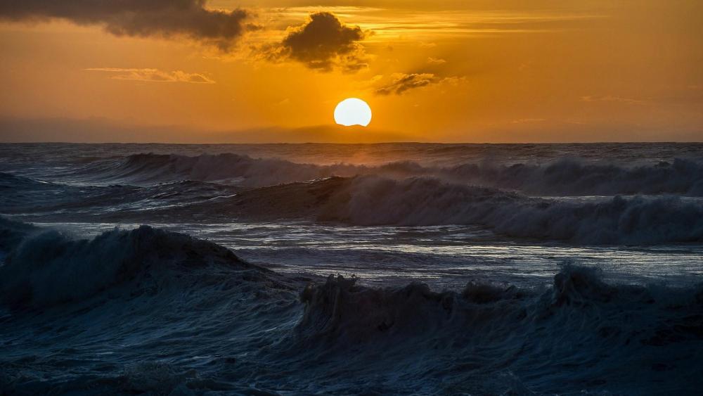 Huge waves in the sunset wallpaper