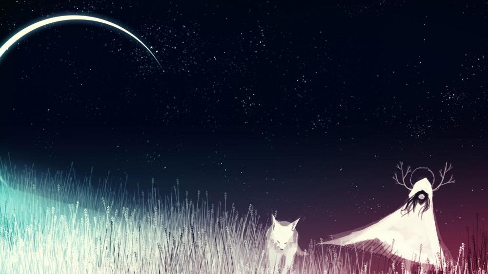 Girl with fox in the moonlight wallpaper