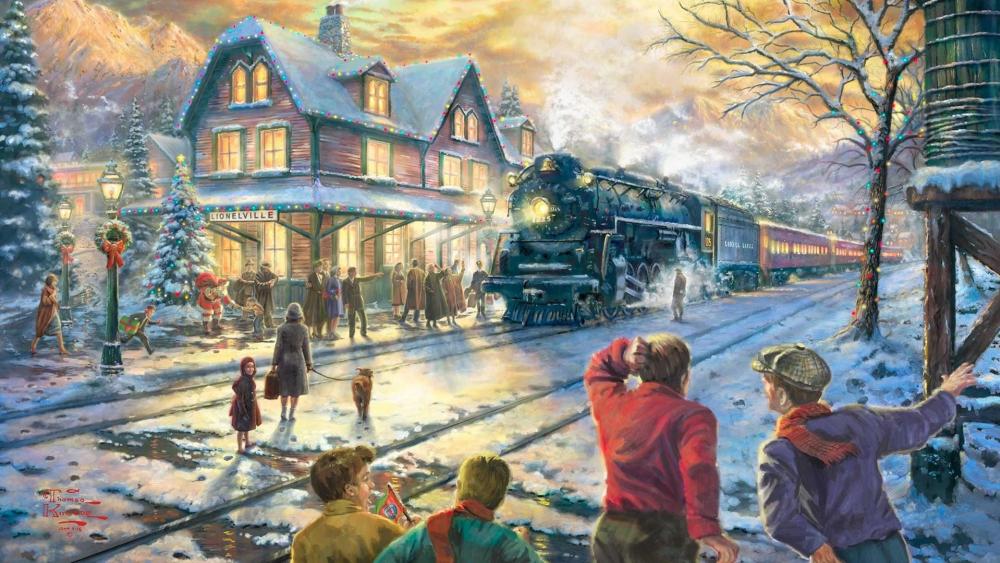 Winter Train Arrival in Snowy Christmas Town wallpaper