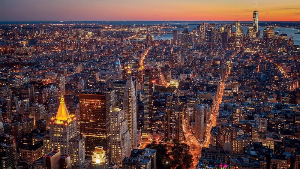 New York City aerial view at dusk wallpaper