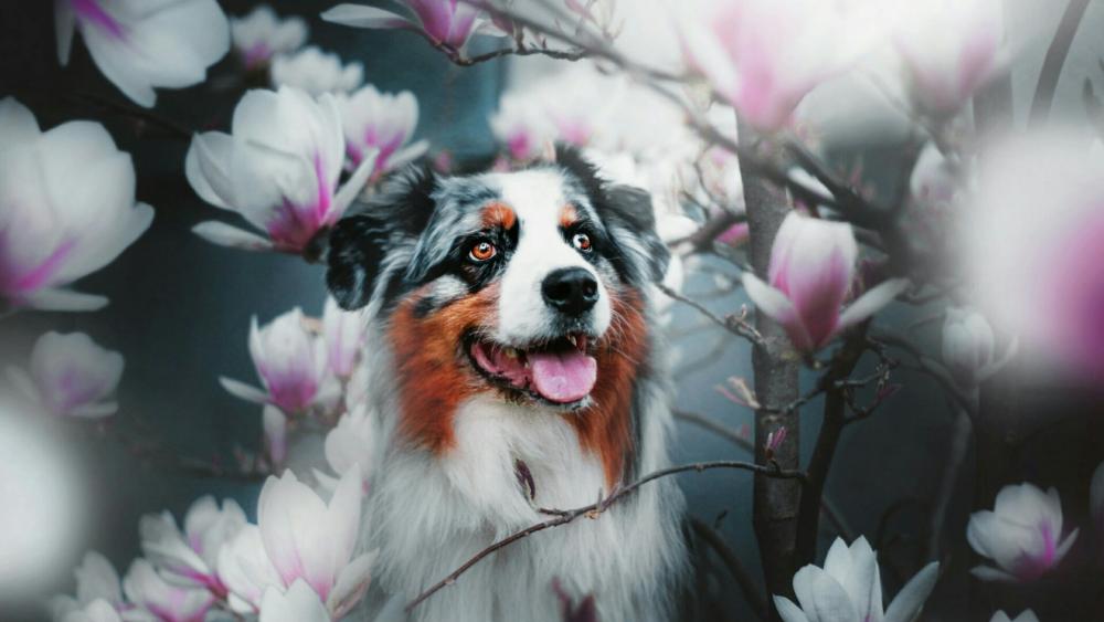 Australian Shepherd dog among the magnolia flowers wallpaper